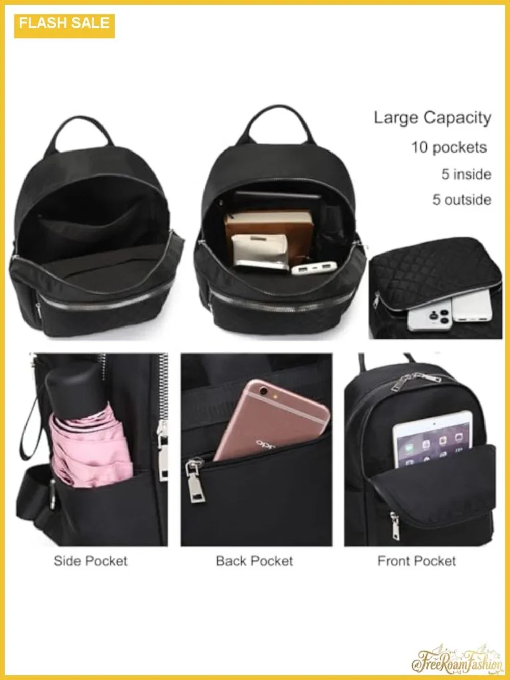 Women's Quilted Nylon Travel Backpack, Lightweight Daypack with Silver Zippers